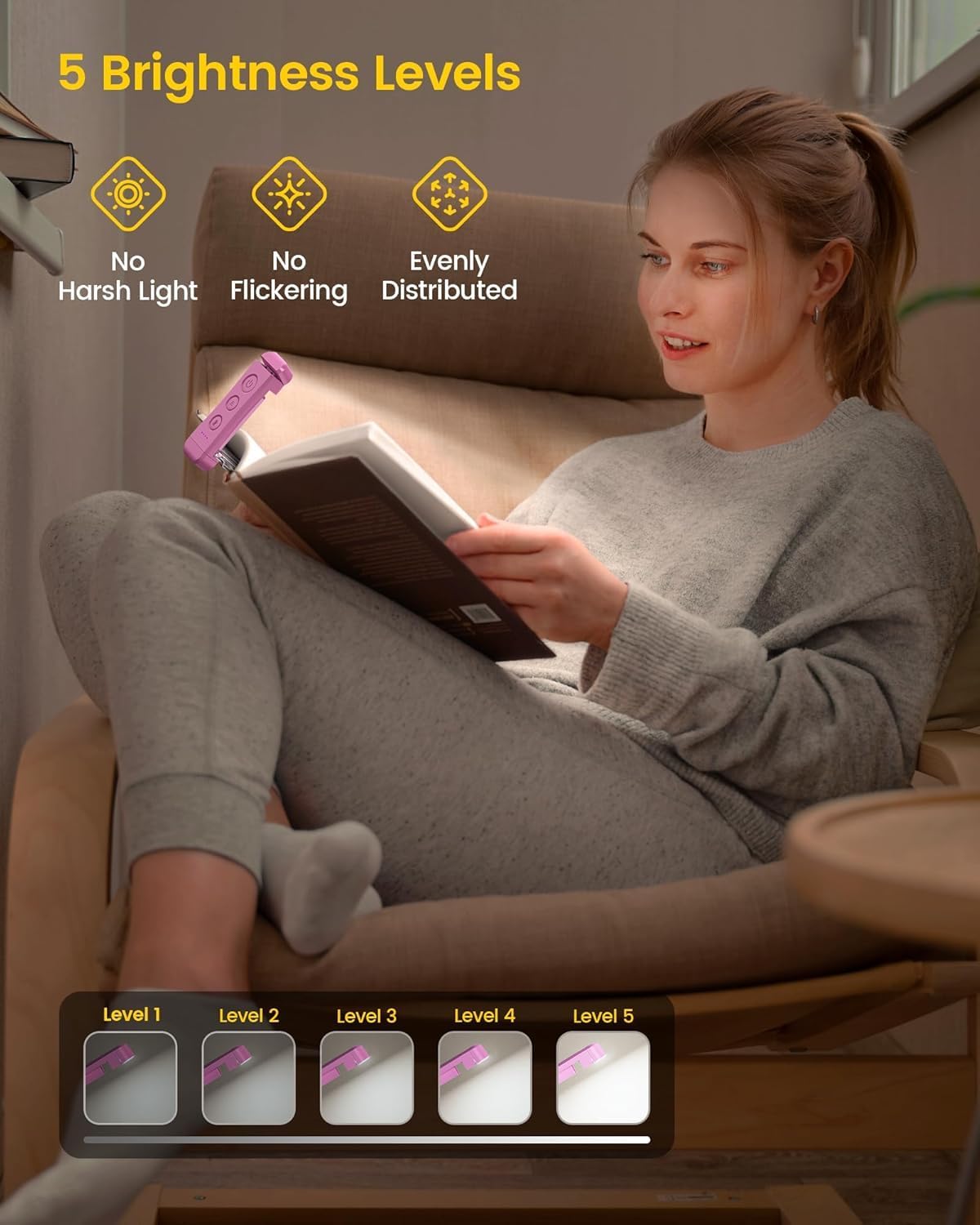 Glocusent USB Rechargeable Book Light, Portable Clip-on LED Reading Light, Reading Lights for Books in Bed with 3 Amber Colors & 5 Brightness Dimmable, Compact & Long Lasting, Perfect for Book Lovers