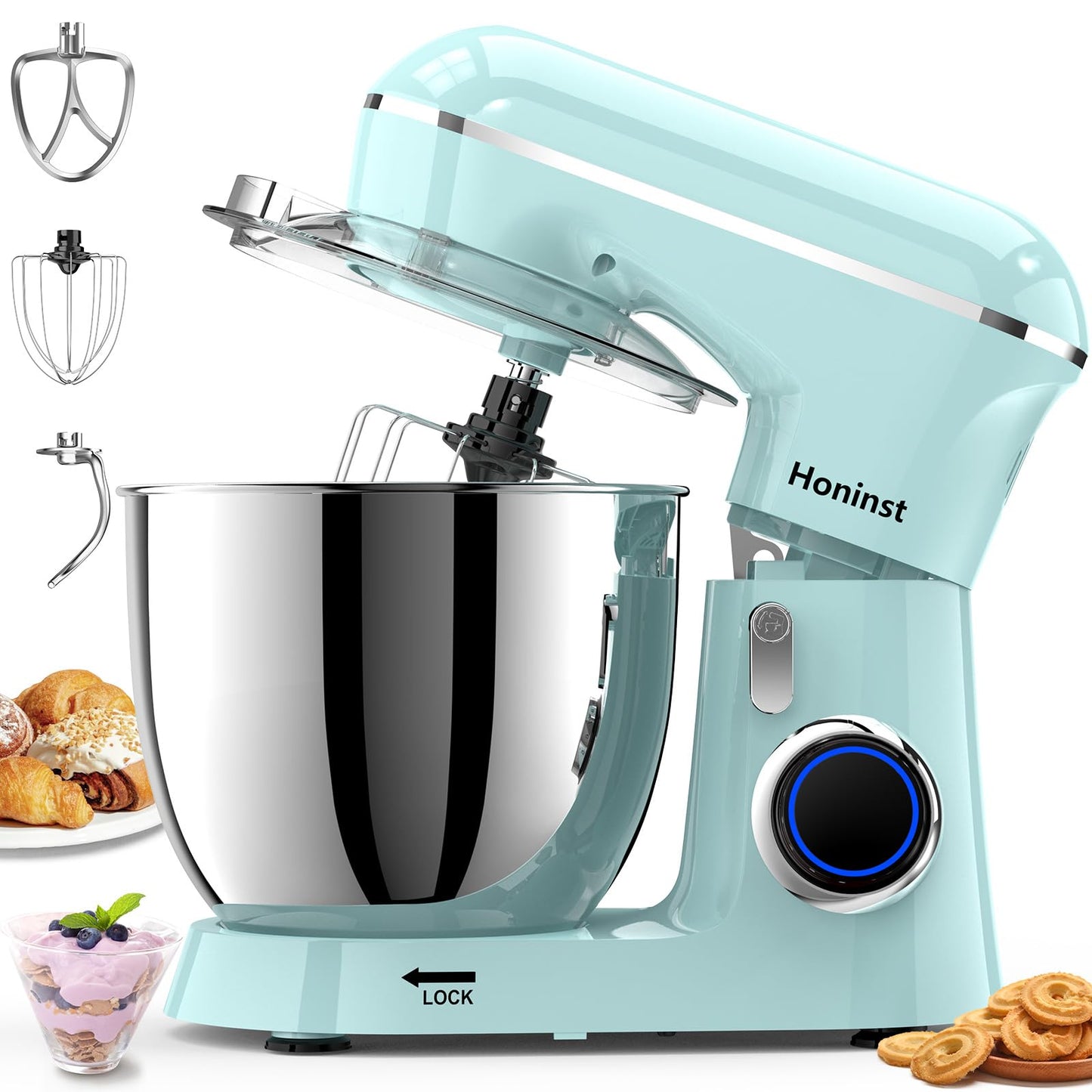 Honinst Stand Mixer, 6.5QT 10-Speed Tilt-Head Electric Stand Mixer, 3-In-1 Kitchen Mixer with Bowl, Dough Hook, Whisk and Beater, Food Mixer for Baking, Cake and Most Home Cooks, Light Green