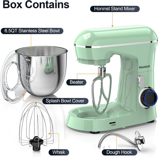 Honinst Stand Mixer, 6.5QT 10-Speed Tilt-Head Electric Stand Mixer, 3-In-1 Kitchen Mixer with Bowl, Dough Hook, Whisk and Beater, Food Mixer for Baking, Cake and Most Home Cooks, Light Green