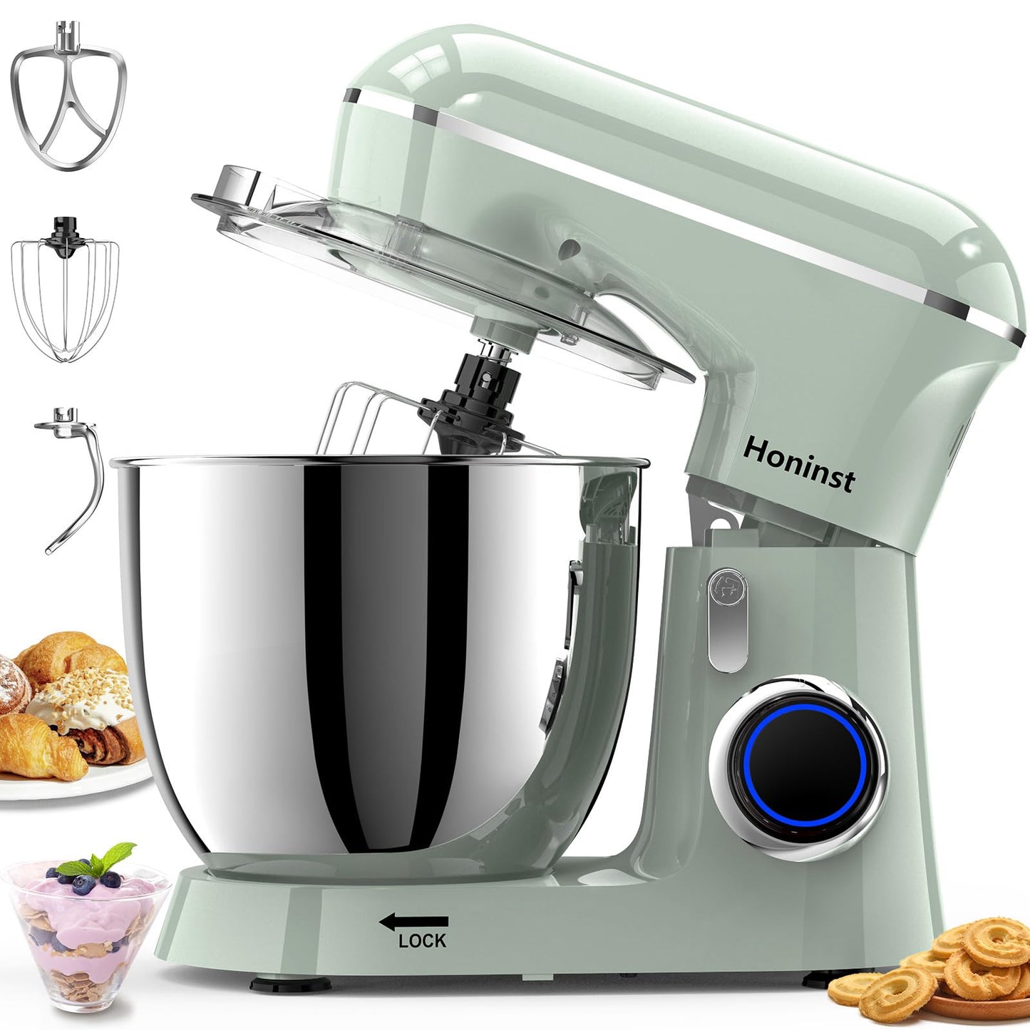 Honinst Stand Mixer, 6.5QT 10-Speed Tilt-Head Electric Stand Mixer, 3-In-1 Kitchen Mixer with Bowl, Dough Hook, Whisk and Beater, Food Mixer for Baking, Cake and Most Home Cooks, Light Green