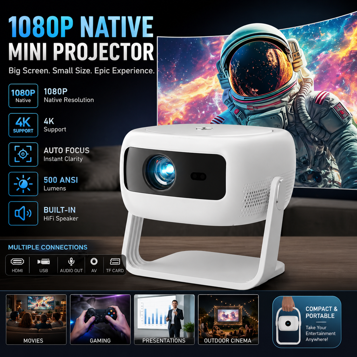 XIAPIPRO 400ANSI 1080P Full HD Projector